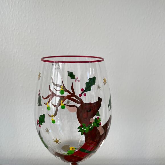 Neiman Marcus Hand-Painted Reindeer Christmas Wine Glasses Set of 4 New - Picture 9 of 16